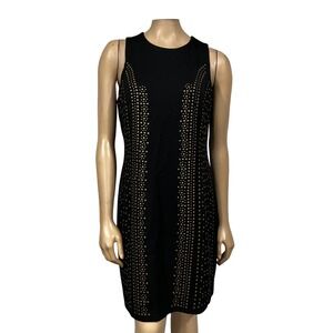Sabine Womens Black Gold Studded Sleeveless Sheath Dress Size L Round Neck LBD
